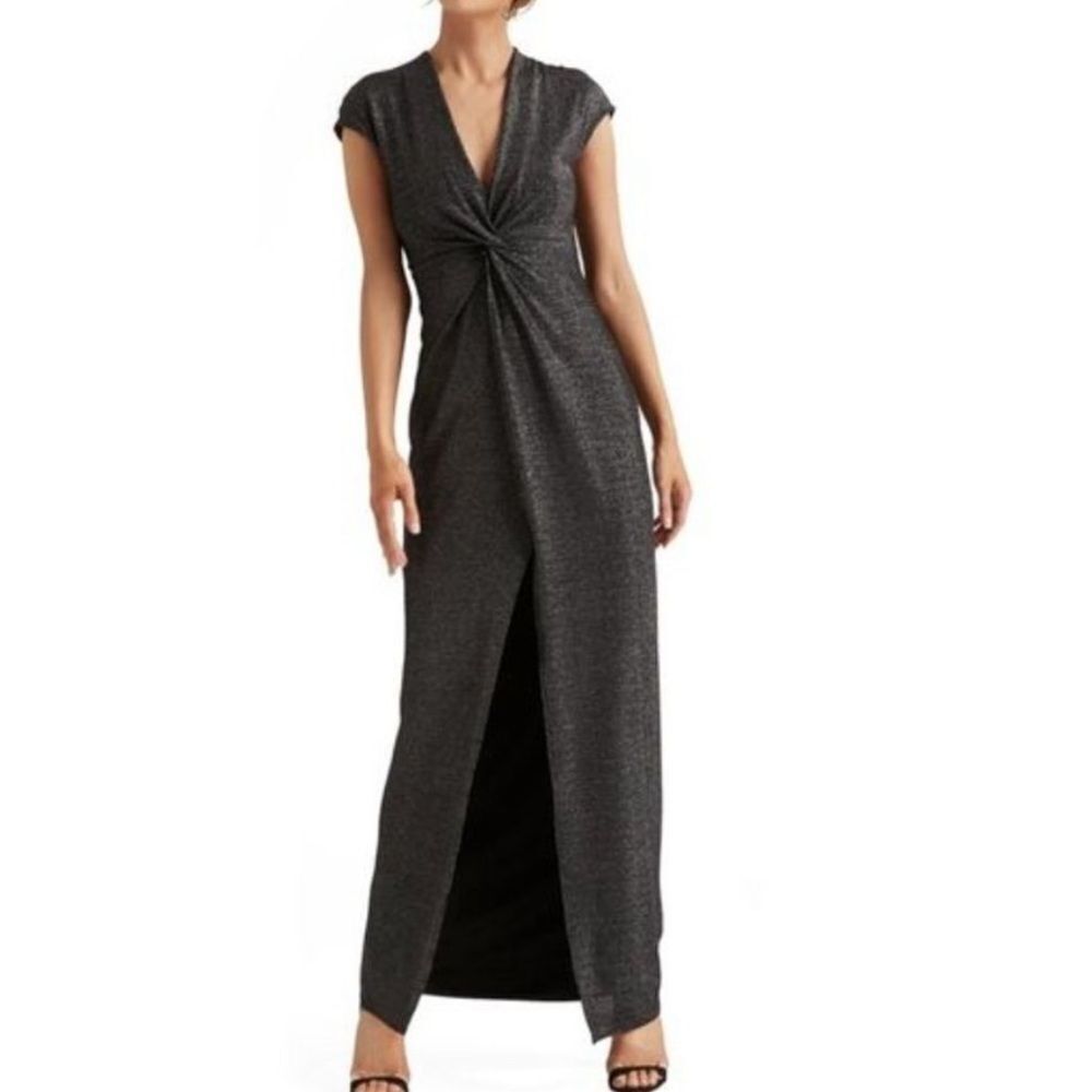 Halston Heritage Sparkle Stretch Metallic Twist Front Gown Long Dress - Picture 2 of 7
